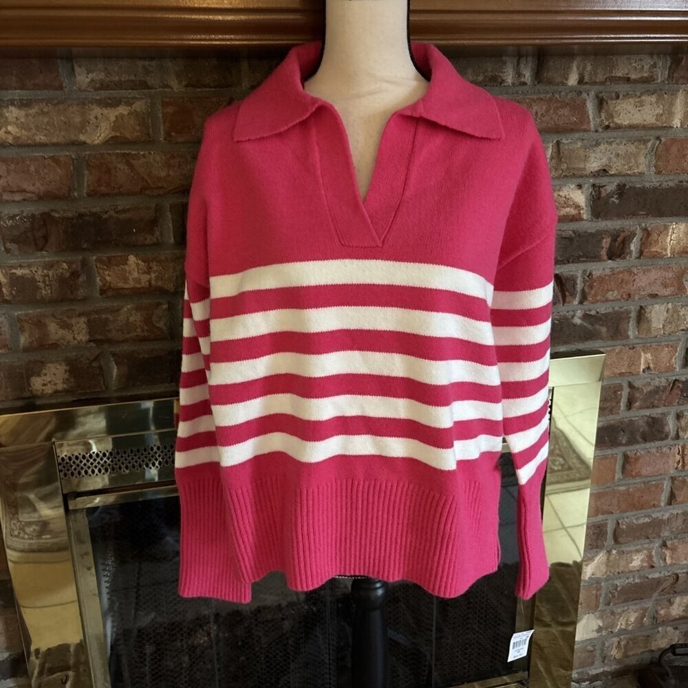 Woman’s Grace & Karma Heavy Pink & White Sweater Size Medium NWT Striped